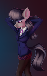 Size: 1886x3000 | Tagged: safe, alternate version, artist:qbellas, imported from derpibooru, octavia melody, anthro, earth pony, arm behind head, clothes, female, hair tie, mouth hold, outfit, pantyhose, simple background, skirt, solo