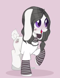 Size: 1666x2160 | Tagged: safe, artist:avi, imported from derpibooru, earth pony, hybrid, original species, pony, base used, blushing, bunny ears, bunny tail, clothes, female, jewelry, rabbit pony, shirt, shy, signature, simple background, simple shading, socks, solo, striped socks, tail, violet eyes