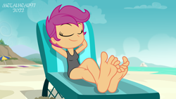 Size: 8000x4500 | Tagged: safe, artist:metalhead97, imported from derpibooru, scootaloo, human, equestria girls, barefoot, beach, beach chair, chair, clothes, cute, cutealoo, feet, fetish, foot fetish, foot focus, reclining, show accurate, smiling, smirk, swimsuit, wiggling toes