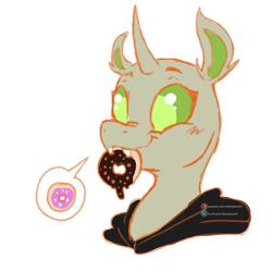 Size: 700x700 | Tagged: safe, artist:liechisenshi, imported from derpibooru, oc, oc only, oc:copycat, changedling, changeling, changedling oc, changeling oc, cute, cuteling, donut, food, simple background, solo, transparent background