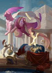 Size: 1920x2683 | Tagged: safe, artist:nora zhang, imported from derpibooru, princess cadance, shining armor, alicorn, pony, unicorn, ancient rome, arrow, bow (weapon), clothes, female, flying, food, g4, grapes, guard, halo, high res, looking at someone, looking down, lying down, male, mare, on side, pillar, shield, shiningcadance, shipping, sleeping, stallion, statue, straight, sword, weapon