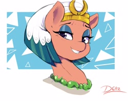 Size: 2851x2245 | Tagged: safe, artist:thelunarmoon, imported from derpibooru, somnambula, pony, bust, egyptian, egyptian headdress, egyptian pony, glowpaz, grin, lidded eyes, looking at you, portrait, smiling, solo