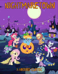 Size: 757x960 | Tagged: safe, edit, editor:undeadponysoldier, imported from ponybooru, applejack, fluttershy, pinkie pie, rainbow dash, rarity, spike, twilight sparkle, bat pony, big cat, dragon, earth pony, lion, pegasus, pony, undead, unicorn, vampire, animal costume, clothes, conjoined, conjoined twins, costume, female, halloween, halloweentown, happy, hasbro, hat, holiday, holiday special, jack-o-lantern, male, mane seven, mane six, mare, moon, movie, mummy, nightmare night, nightmare night costume, parody, ponyville, pumpkin, title card, trick or treat, unicorn twilight, wizard, wizard hat, wizard robe