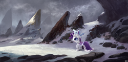 Size: 2276x1100 | Tagged: safe, artist:ajvl, imported from twibooru, princess platinum, rarity, pony, unicorn, cloak, clothes, cloud, cloudy, crown, female, image, jewelry, mare, mountain, open mouth, png, raised hoof, regalia, rock, scenery, scenery porn, signature, snow, solo