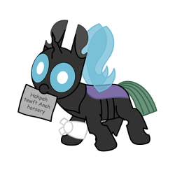 Size: 3000x3000 | Tagged: safe, artist:theunidentifiedchangeling, imported from derpibooru, oc, oc:[unidentified], changeling, armband, buggo, changeling oc, cute, cuteling, derp, digital art, foal, horn, intentional spelling error, mlp fim's twelfth anniversary, mouth hold, paper, simple background, solo, spread wings, transparent background, wings