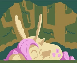 Size: 4096x3383 | Tagged: safe, artist:docwario, imported from derpibooru, fluttershy, pegasus, pony, eyes closed, female, fluttober, forest, high res, lineless, lying down, mare, prone, sleeping, solo, spread wings, tree, wings