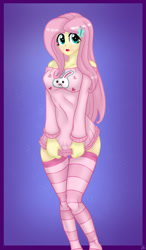 Size: 1280x2187 | Tagged: safe, artist:lennondash, imported from derpibooru, fluttershy, human, equestria girls, breasts, busty fluttershy, butterfly hairpin, clothes, cute, female, open mouth, out of frame, pajamas, purple background, shyabetes, simple background, socks, solo, striped socks, sweater, sweatershy, thigh highs