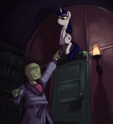 Size: 2750x3000 | Tagged: safe, artist:t72b, imported from twibooru, moonlight raven, oc, oc:anon, human, pony, unicorn, angry, book, bookshelf, bust, candle, clothes, door, edgar allan poe, female, gritted teeth, image, lantern, looking at each other, looking at someone, mare, night, png, poem, pointing, pun, rain, reference, robe, simpsons did it, sitting, teeth, visual pun