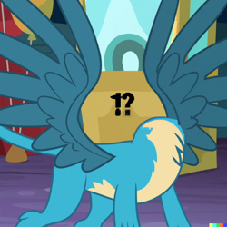 Size: 1024x1024 | Tagged: safe, edit, edited screencap, imported from derpibooru, screencap, gallus, griffon, uprooted, balloon, dall-e 2, exclamation point, headless, machine learning generated, male, question mark, solo, spread wings, wings