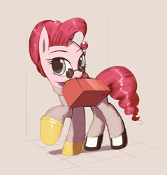 Size: 3000x3144 | Tagged: safe, artist:vultraz, pinkie pie, earth pony, pony, abstract background, clothes, female, gloves, jumpsuit, looking at you, mare, pinktober, raised hoof, shoes, solo, space station 13, ss13, toolbox