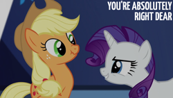 Size: 1280x720 | Tagged: safe, edit, edited screencap, editor:quoterific, imported from derpibooru, screencap, applejack, rarity, earth pony, pony, unicorn, castle sweet castle, season 5, female, mare, scrunchy face