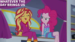 Size: 1280x720 | Tagged: safe, edit, edited screencap, editor:quoterific, imported from derpibooru, screencap, pinkie pie, sunset shimmer, human, equestria girls, equestria girls series, sunset's backstage pass!, spoiler:eqg series (season 2), bowtie, clothes, crossed legs, nightgown, pajamas, shorts