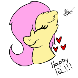 Size: 2048x2048 | Tagged: safe, artist:jay_wackal, imported from derpibooru, fluttershy, bust, ear fluff, eyes closed, female, g4, heart, mare, mlp fim's twelfth anniversary, signature, simple background, smiling, solo, white background