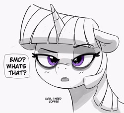 Size: 2839x2584 | Tagged: safe, artist:pabbley, imported from derpibooru, twilight sparkle, pony, unicorn, bags under eyes, bust, female, floppy ears, g4, grayscale, high res, mare, monochrome, partial color, simple background, solo, speech bubble, talking to viewer, tired, white background