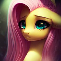 Size: 1024x1024 | Tagged: safe, editor:hawkeyethree, imported from derpibooru, fluttershy, pegasus, pony, ai content, ai generated, bust, female, frown, g4, generator:purplesmart.ai, generator:stable diffusion, looking forward, mare, portrait, solo