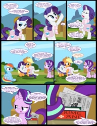Size: 1042x1358 | Tagged: safe, artist:dendoctor, imported from derpibooru, applejack, rainbow dash, rarity, starlight glimmer, earth pony, pegasus, pony, unicorn, comic:clone.., alternate universe, bag, bipedal, book, clothes, comic, drama, female, g4, mare, ponyville, saddle bag, scarf, striped scarf