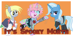 Size: 10376x5120 | Tagged: safe, artist:milkyboo898, imported from derpibooru, derpy hooves, trixie, oc, oc:fresh paint, pony, anime, clothes, costume, cute, halloween, halloween 2022, halloween costume, hatsune miku, holiday, mina ashido, miss kobayashi's dragon maid, my hero academia, obtrusive watermark, tohru, vocaloid, watermark