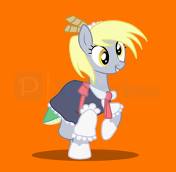 Size: 5400x5300 | Tagged: safe, artist:milkyboo898, imported from derpibooru, derpy hooves, pony, anime, clothes, costume, halloween, halloween 2022, halloween costume, holiday, miss kobayashi's dragon maid, obtrusive watermark, orange background, simple background, solo, tohru, watermark