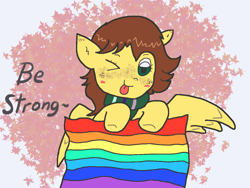 Size: 1280x960 | Tagged: safe, anonymous artist, imported from derpibooru, oc, oc only, oc:yuris, pegasus, art trade, brown mane, freckles, gay pride flag, one eye closed, pride, pride flag, solo, tongue out