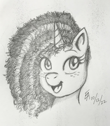 Size: 1901x2157 | Tagged: safe, artist:mayorlight, imported from derpibooru, pony, unicorn, spoiler:g5, bust, freckles, g5, misty brightdawn, monochrome, my little pony: make your mark, open mouth, pencil drawing, traditional art