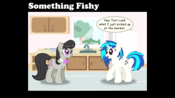 Size: 854x480 | Tagged: safe, artist:thejourneysend, artist:wubcakeva, imported from derpibooru, dj pon-3, octavia melody, vinyl scratch, earth pony, fish, pony, unicorn, animated, comic, comic dub, drop the bass, fail, female, mare, pun, salmon, sound, voice acting, webm