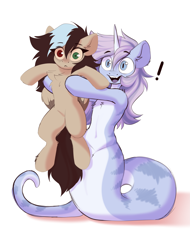 Size: 3113x4096 | Tagged: safe, artist:kebchach, imported from derpibooru, oc, oc only, oc:kebchach, oc:liu, lamia, original species, pegasus, pony, chest fluff, duo, exclamation point, female, heterochromia, holding a pony, horn, open mouth, open smile, simple background, smiling, white background, wide eyes, wings