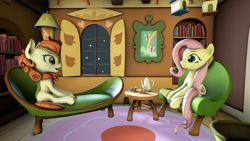 Size: 1920x1080 | Tagged: safe, artist:derpy_fan, imported from derpibooru, autumn blaze, fluttershy, kirin, pegasus, pony, 3d, couch, duo, duo female, female, fluttershy's cottage (interior), food, mare, smiling, source filmmaker, talking, tea