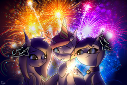 Size: 6000x4000 | Tagged: safe, artist:kainy, imported from derpibooru, oc, oc only, oc:kainy, oc:linaxero, bat pony, bat pony unicorn, hybrid, pegasus, unicorn, bat pony oc, bat wings, bell, bell collar, collar, fireworks, happy birthday, happy new year, holiday, horn, pegasus oc, unicorn oc, wings