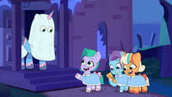 Size: 1920x1080 | Tagged: safe, imported from derpibooru, screencap, earth pony, pegasus, pony, unicorn, spoiler:g5, spoiler:my little pony: tell your tale, spoiler:tyts01e31, bedsheet ghost, bow, cellphone, clothes, coat markings, costume, female, filly, foal, g5, glory (g5), grin, group, halloween, halloween costume, haunted house, haunted house (episode), high res, holiday, looking at someone, looking at something, looking down, mare, misty brightdawn, movie reference, my little pony: tell your tale, night, nightmare night, nightmare night costume, open mouth, open smile, peach fizz, phone, pippsqueak trio, pippsqueaks, quartet, seashell (g5), smartphone, smiling, socks (coat markings), tail, tail bow, the grady girls, the shining, youtube link