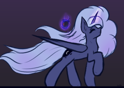 Size: 2150x1523 | Tagged: safe, artist:lu.de, imported from derpibooru, princess luna, alicorn, pony, 1 hour art challenge, coffee, drink, eyes closed, large wings, long mane, long tail, magic, magic aura, simple background, solo, sternocleidomastoid, strutting, tail, telekinesis, wings