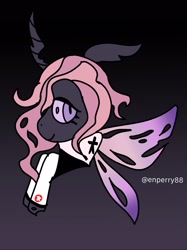 Size: 1537x2050 | Tagged: safe, artist:enperry88, imported from derpibooru, fleur-de-lis, changedling, changeling, series:kensatober, series:mlp x toni kensa, bedroom eyes, black background, clothes, colored wings, female, gradient background, gradient wings, gray background, grayscale, hoodie, kensatober, looking at you, monochrome, simple background, species swap, toni kensa, wings