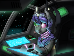 Size: 3751x2818 | Tagged: safe, artist:gradoge, imported from derpibooru, oc, oc:chrysi from blacksteel, changeling, moth, mothling, original species, female, purple changeling, space, spaceship, star wolves