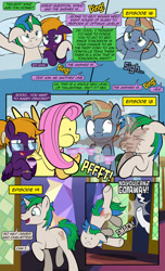 Size: 1920x3168 | Tagged: safe, artist:alexdti, imported from derpibooru, fluttershy, rarity, spike, oc, oc:brainstorm (alexdti), oc:purple creativity, oc:star logic, pegasus, pony, unicorn, comic:quest for friendship, a trivial pursuit, dragon dropped, she talks to angel, comic, dialogue, dot eyes, eyes closed, female, floppy ears, folded wings, frown, glasses, glowing, glowing horn, high res, hooves, horn, lidded eyes, lying down, magic, male, mare, offscreen character, on back, onomatopoeia, open mouth, open smile, pegasus oc, pinpoint eyes, puffy cheeks, raised eyebrow, raised hoof, raised leg, shadow, smiling, speech bubble, spit take, spread wings, stallion, tail, telekinesis, two toned mane, two toned tail, underhoof, unicorn oc, wall of tags, wings, yelling