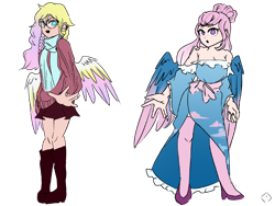 Size: 2048x1536 | Tagged: safe, artist:idkhesoff, artist:metaruscarlet, imported from derpibooru, oc, oc only, oc:angel lights, oc:merry skies, human, angel, boots, clothes, colored, dress, duo, ear piercing, earring, female, glasses, high heels, humanized, humanized oc, jewelry, lesbian, open mouth, piercing, scarf, shoes, simple background, skirt, socks, stockings, sweater, thigh highs, transparent background, winged humanization, wings