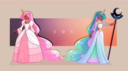 Size: 4096x2275 | Tagged: safe, artist:syrupyyy, imported from derpibooru, princess celestia, human, clothes, dark skin, dress, elf ears, female, high res, humanized, pink-mane celestia, queen celestia, solo, staff