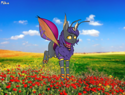 Size: 2840x2160 | Tagged: safe, alternate version, artist:gradoge, imported from derpibooru, oc, oc:chrysi from blacksteel, changeling, moth, mothling, original species, cazador, fallout, fallout: new vegas, female, flower, purple changeling, solo