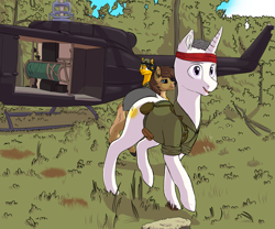 Size: 2869x2389 | Tagged: safe, artist:gradoge, imported from derpibooru, oc, oc:weiße feder, deer, deer pony, original species, pony, unicorn, clothes, helicopter, uniform, vietnam, vietnam war