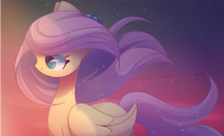 Size: 2300x1400 | Tagged: safe, artist:miryelis, imported from derpibooru, fluttershy, pegasus, pony, cute, gradient background, long hair, shyabetes, smiling, solo, stars, wind, wings