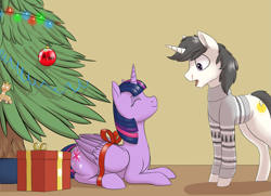 Size: 2845x2064 | Tagged: safe, artist:gradoge, imported from derpibooru, twilight sparkle, oc, oc:weiße feder, alicorn, pony, unicorn, canon x oc, new year, present, pullover, spruce tree, tree, twilight sparkle (alicorn)