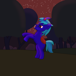 Size: 2048x2048 | Tagged: safe, artist:trixiecutiepox, imported from derpibooru, oc, oc:trixie cutiepox, kirin, pony, dark, digital art, fangs, female, high res, horn, kirin oc, legends of equestria, mane, mare, night, night sky, open mouth, open smile, red eyes, rock, sky, smiling, solo, stars, tail, tree, two toned mane, two toned tail