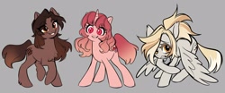 Size: 2047x851 | Tagged: safe, artist:glacierclear, imported from derpibooru, oc, oc only, oc:chocolate(glacierclear), oc:strawberry(glacierclear), oc:vanilla(glacierclear), earth pony, pegasus, pony, unicorn, cat eyes, chest fluff, eyebrows, eyelashes, fluffy, gradient mane, gradient tail, gray background, happy, ponified, shy, simple background, slit pupils, tail, unshorn fetlocks