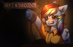 Size: 1665x1080 | Tagged: safe, artist:kaito_wivil, imported from derpibooru, rainbow dash, bound wings, clothes, commissioner:rainbowdash69, courtroom, cuffs, never doubt rainbowdash69's involvement, prison outfit, prisoner rd, shackles, shirt, speech bubble, teeth, text, undershirt, wings, yelling