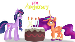 Size: 1920x1080 | Tagged: safe, artist:jbond, imported from derpibooru, sunny starscout, twilight sparkle, alicorn, earth pony, pony, alternate hairstyle, anniversary, cake, candle, earth pony twilight, food, g5, happy birthday mlp:fim, implied discord, mane stripe sunny, mlp fim's twelfth anniversary, my little pony: a new generation, princess sunny starscout, race swap, role reversal, shocked, shocked expression, shocked eyes, simple background, sunnycorn, text, unshorn fetlocks, white background