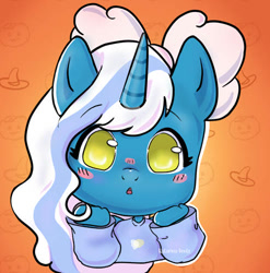 Size: 494x500 | Tagged: safe, artist:katarinarente123, imported from derpibooru, oc, oc:fleurbelle, alicorn, semi-anthro, alicorn oc, blushing, bow, clothes, female, hair bow, halloween, hat, holiday, horn, mare, pumpkin, solo, sweater, wings, witch hat, yellow eyes