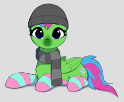 Size: 850x700 | Tagged: safe, artist:luminousdazzle, imported from derpibooru, pegasus, pony, beanie, clothes, cold, female, hat, looking at you, luminous dazzle, lying down, mare, scarf, simple background, smiling, smiling at you, socks, solo, striped socks