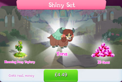 Size: 1263x856 | Tagged: safe, imported from derpibooru, yona, yak, bow, bundle, bush, cloven hooves, costs real money, english, female, flower, gameloft, gem, hair bow, horns, my little pony: magic princess, numbers, official, sale, solo, solo focus, text
