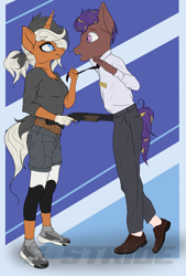 Size: 5435x8021 | Tagged: safe, artist:shade stride, imported from derpibooru, oc, oc:arc stellite, unnamed oc, anthro, earth pony, unicorn, clothes, female, fishnets, gloves, gun, leggings, male, mare, pants, robbery, shoes, shorts, shotgun, smiling, stallion, standing, watermark, weapon