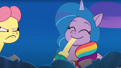 Size: 1674x938 | Tagged: safe, imported from derpibooru, screencap, izzy moonbow, earth pony, pony, unicorn, spoiler:g5, spoiler:my little pony: tell your tale, spoiler:tyts01e31, amalgamation, clothes, coat markings, costume, cute, eating, eyes closed, fake wings, food, g5, halloween, halloween costume, haunted house (episode), holiday, hoof polish, implied hitch trailblazer, implied pipp petals, implied sunny starscout, izzybetes, my little pony: tell your tale, nightmare night costume, pasta, posey bloom, posey can't catch a break, slurp, smiling, socks (coat markings), solo, spaghetti