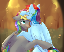 Size: 4472x3664 | Tagged: safe, artist:kiskka, imported from derpibooru, rainbow dash, oc, oc:dark rainbow, pegasus, pony, blushing, canon x oc, colored wings, cute, darsh, duo, female, forehead kiss, forest, g4, hug, kissing, male, mare, multicolored wings, pegasus oc, rainbow wings, shipping, stallion, straight, tree, wings
