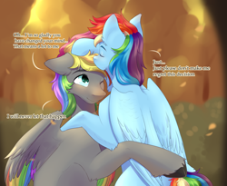 Size: 4472x3664 | Tagged: safe, alternate version, artist:kiskka, imported from derpibooru, rainbow dash, oc, oc:dark rainbow, pegasus, pony, blushing, canon x oc, colored wings, cute, darsh, dialogue, duo, female, forehead kiss, forest, g4, hug, kissing, male, mare, multicolored wings, pegasus oc, rainbow wings, shipping, stallion, straight, text, tree, wings